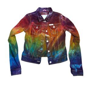 Tie Dye Rainbow Denim Jacket Womens S Hollister Button Front Festival Boho